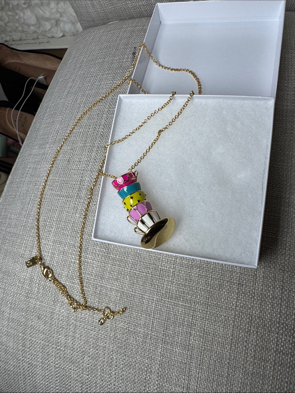 kate spade Gold-Tone Stacked Teacup Necklace with Pink, Blue, Yellow, White - Picture 3 of 6